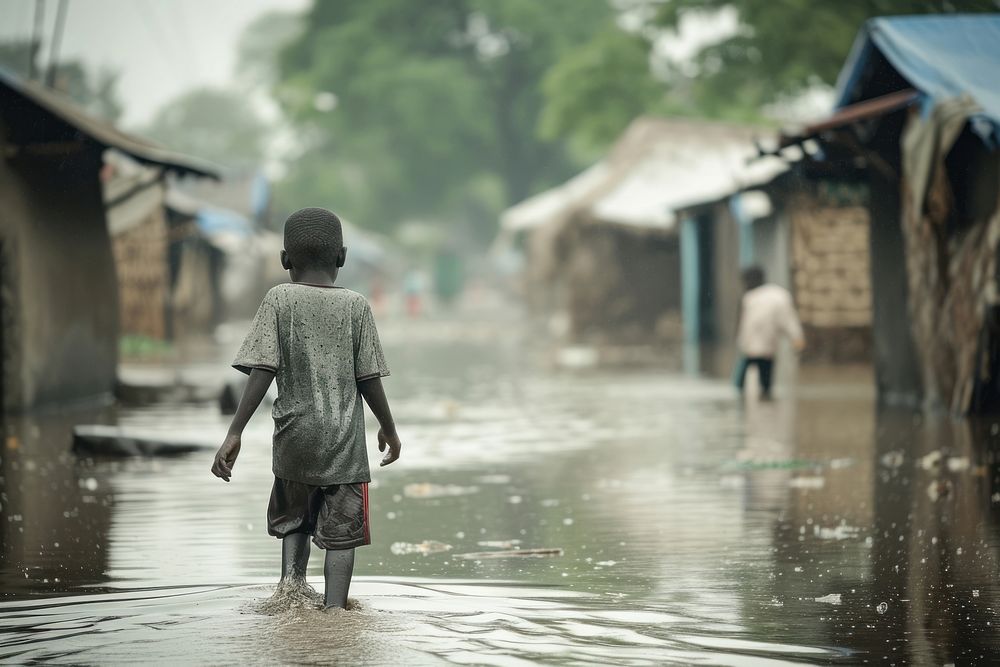A boy walking in flood village rain architecture outdoors. AI generated Image by rawpixel.