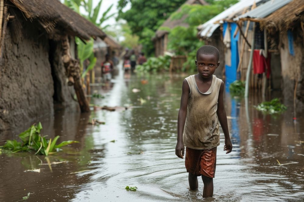 A boy walking in flood village architecture portrait standing. AI generated Image by rawpixel.