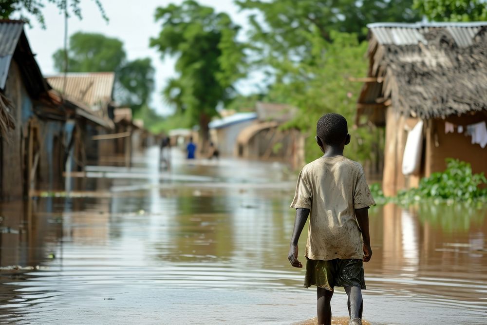 A boy walking in flood village outdoors architecture countryside. AI generated Image by rawpixel.