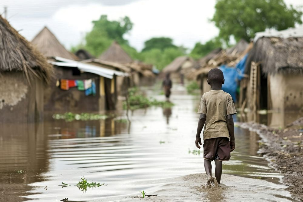 A boy walking in flood village outdoors nature architecture. AI generated Image by rawpixel.