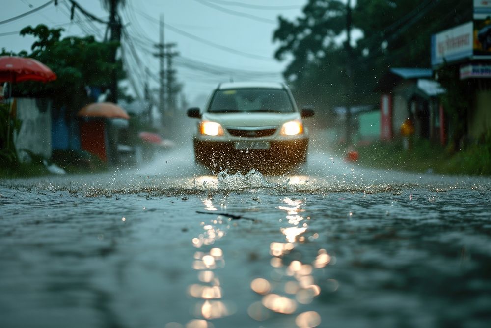 Car moving while raining vehicle flood transportation. AI generated Image by rawpixel.