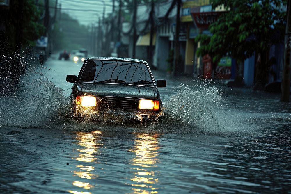 Car moving while raining flood vehicle transportation. AI generated Image by rawpixel.