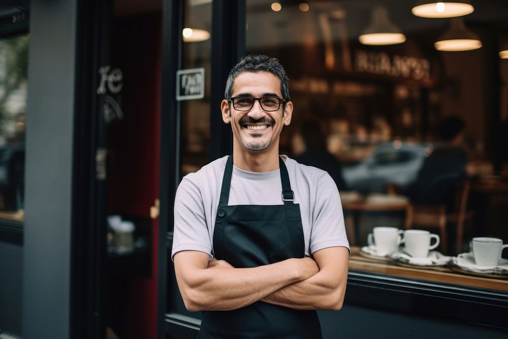 Coffee shop owner standing in front of his coffee shop building glasses smiling waiter. AI generated Image by rawpixel.