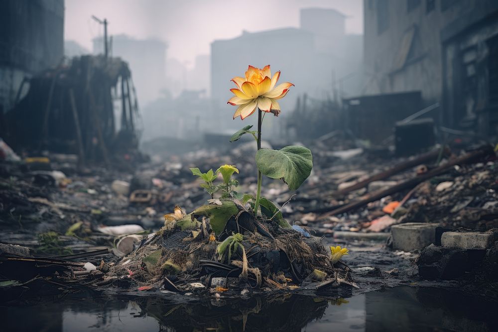Dying plant surrounded by trash architecture destruction fragility. AI generated Image by rawpixel.