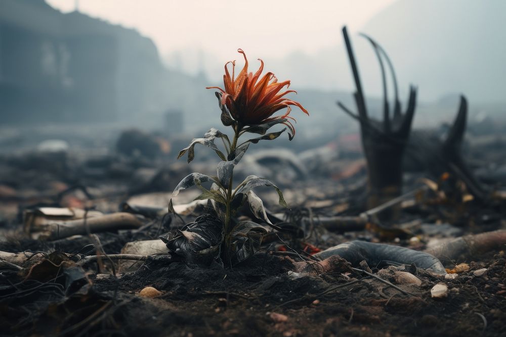 Dying plant surrounded by trash outdoors flower destruction. AI generated Image by rawpixel.