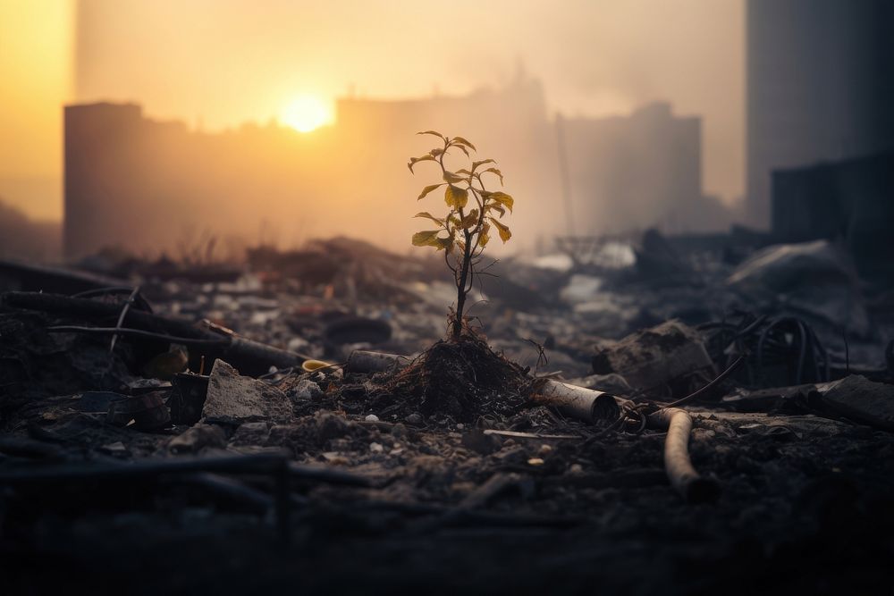 Dying seedling surrounded by trash architecture destruction beginnings. AI generated Image by rawpixel.