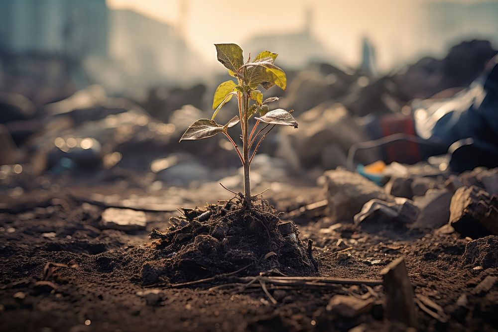 Dying seedling surrounded by trash outdoors nature plant. AI generated Image by rawpixel.