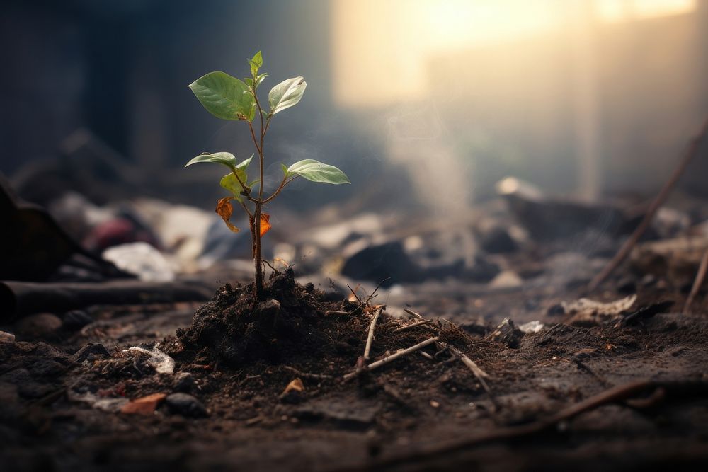 Dying seedling surrounded by trash outdoors nature plant. AI generated Image by rawpixel.