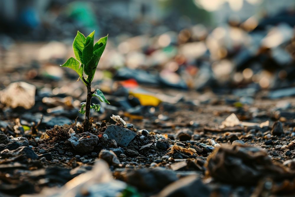 Dying seedling surrounded by trash pollution plant soil. AI generated Image by rawpixel.
