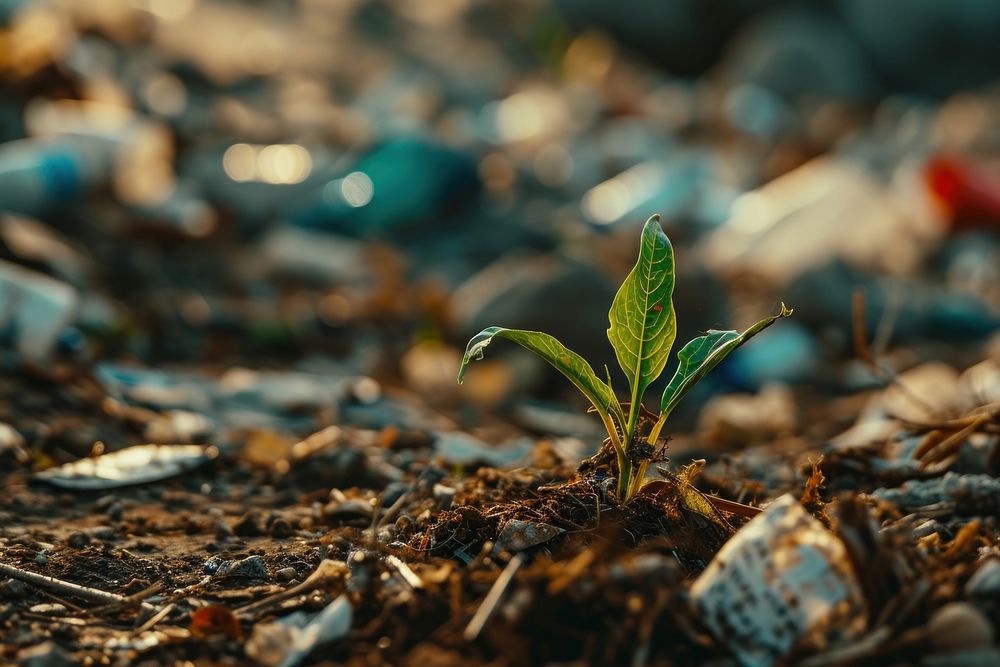Dying seedling surrounded by trash outdoors plant leaf. AI generated Image by rawpixel.