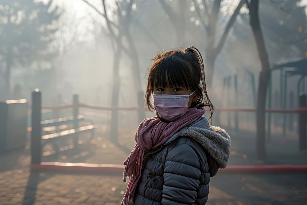 Girl in dense smog playground outdoors fog kid. AI generated Image by rawpixel.