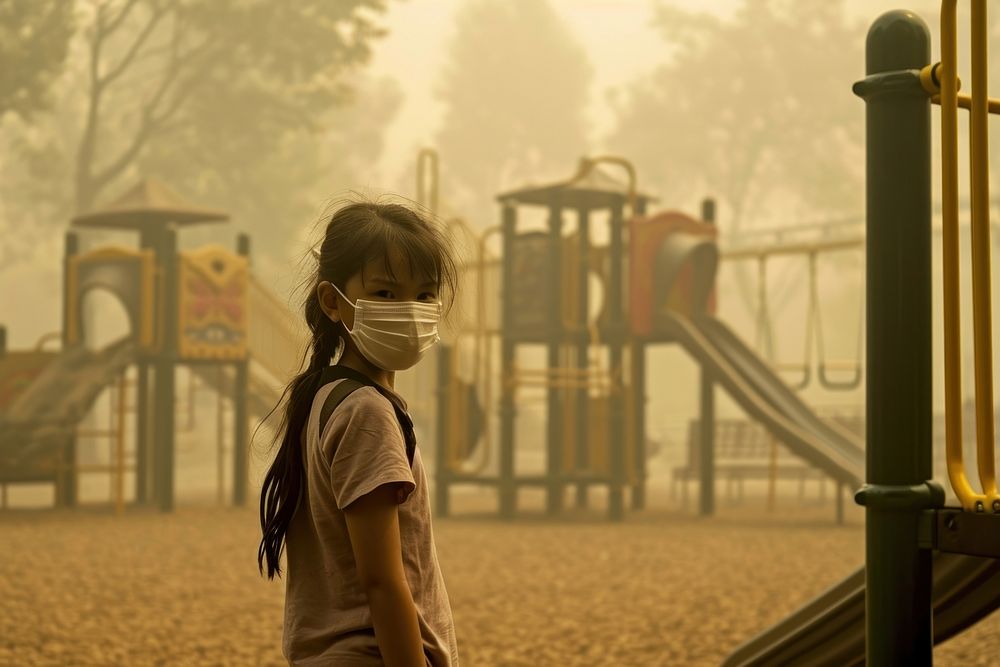 Girl in dense smog playground outdoors kid architecture. AI generated Image by rawpixel.