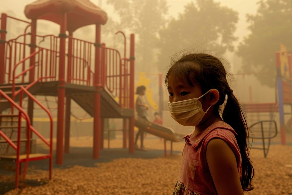 Girl in dense smog playground outdoors child kid. AI generated Image by rawpixel.