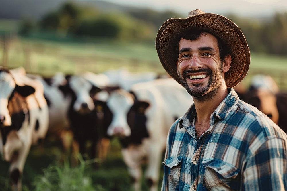 Happy farmer cow livestock outdoors.
