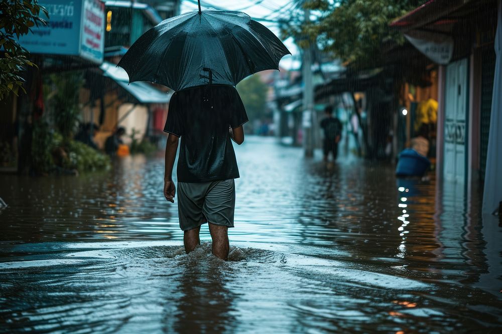 Man holding umbrella and walking while raining flood adult architecture. AI generated Image by rawpixel.