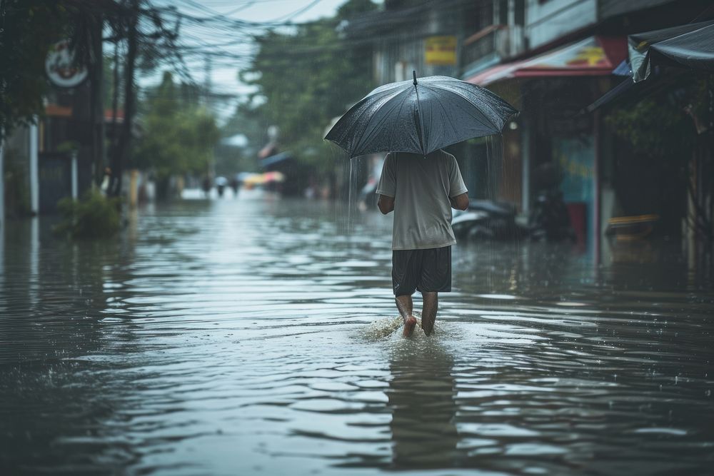 Man holding umbrella and walking while raining flood transportation architecture. 