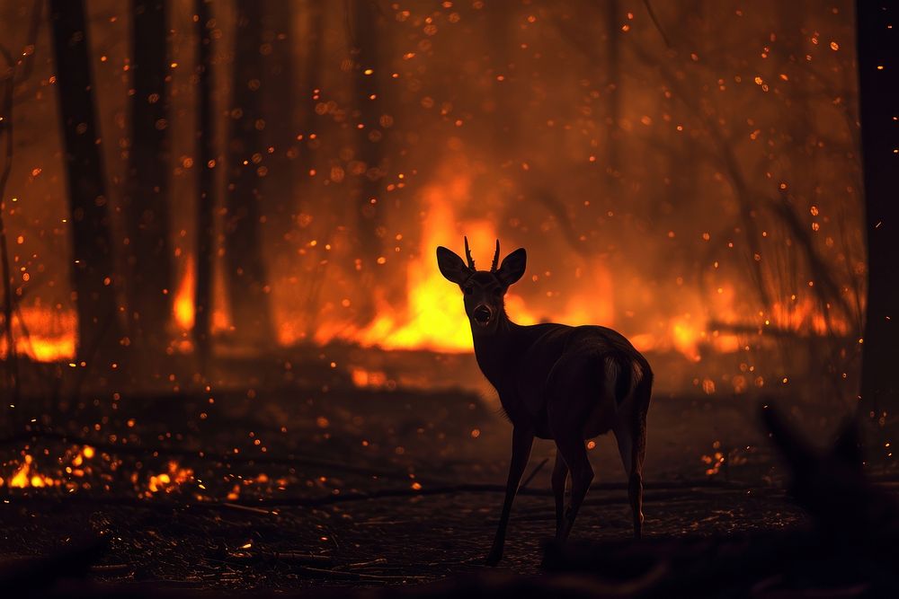 Panic deer escape from fire forest wildlife animal mammal. AI generated Image by rawpixel.