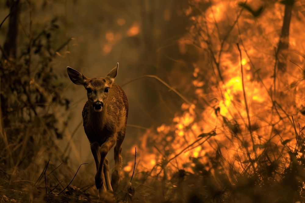 Panic deer running out from fire forest wildlife animal mammal. AI generated Image by rawpixel.