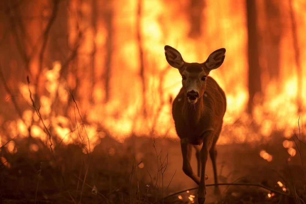 Panic deer running out from fire forest wildlife animal mammal. AI generated Image by rawpixel.