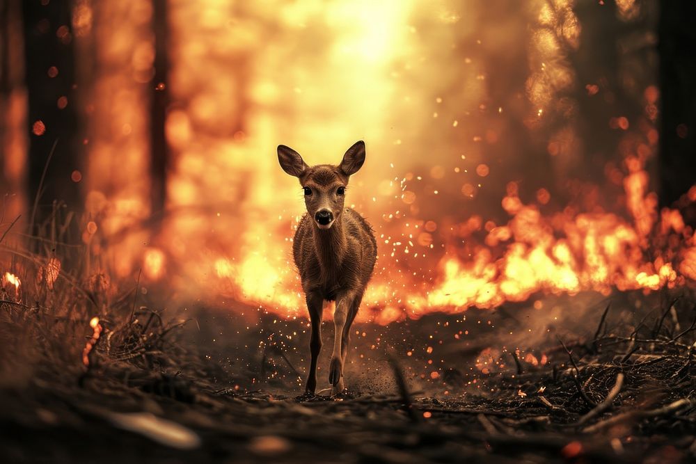 Panic deer running out from fire forest wildlife kangaroo outdoors. AI generated Image by rawpixel.