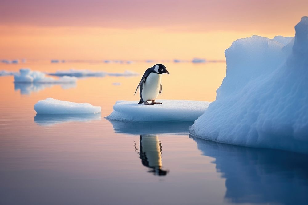 A penguin standing on melting ice berg outdoors nature animal. 