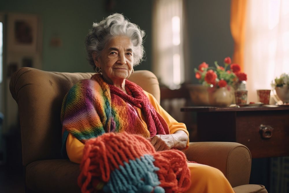 Latina elder woman knitting on cozy chair furniture adult living room. AI generated Image by rawpixel.