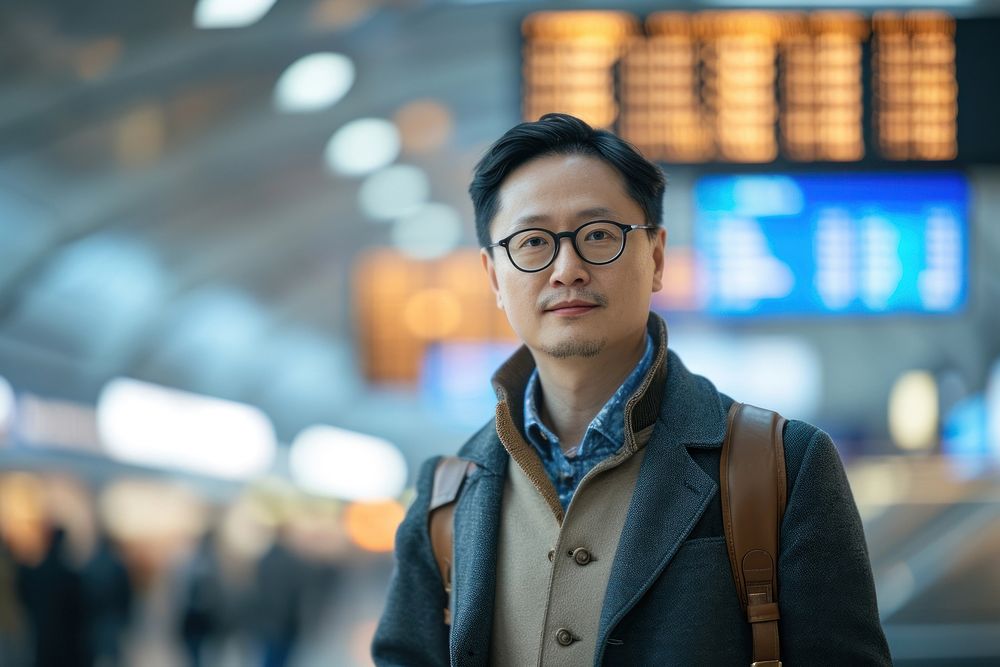 Asian man at the airport with his luggage portrait glasses adult.