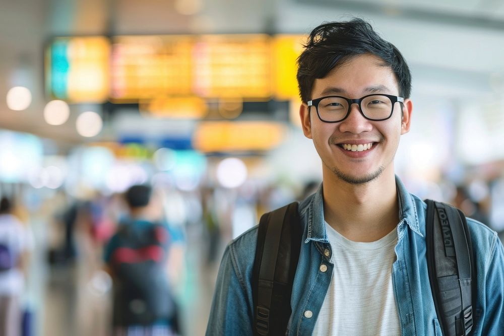 Asian man at the airport with his luggage portrait glasses adult.