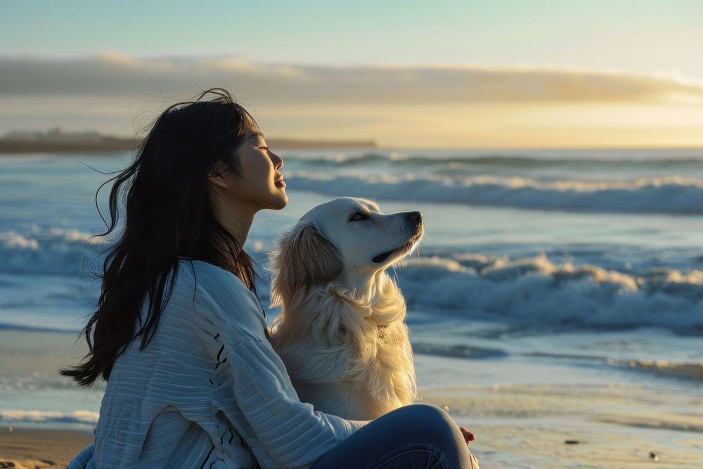 Asian woman with dog at the beach outdoors portrait sitting.
