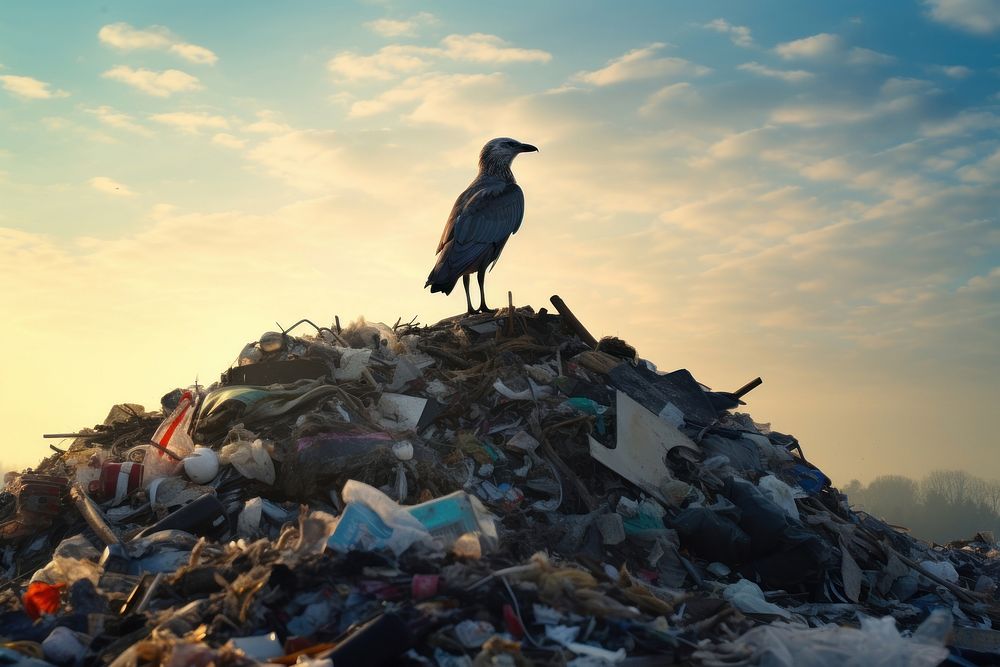 Bird standing on top of huge pile of trash pollution garbage animal. AI generated Image by rawpixel.