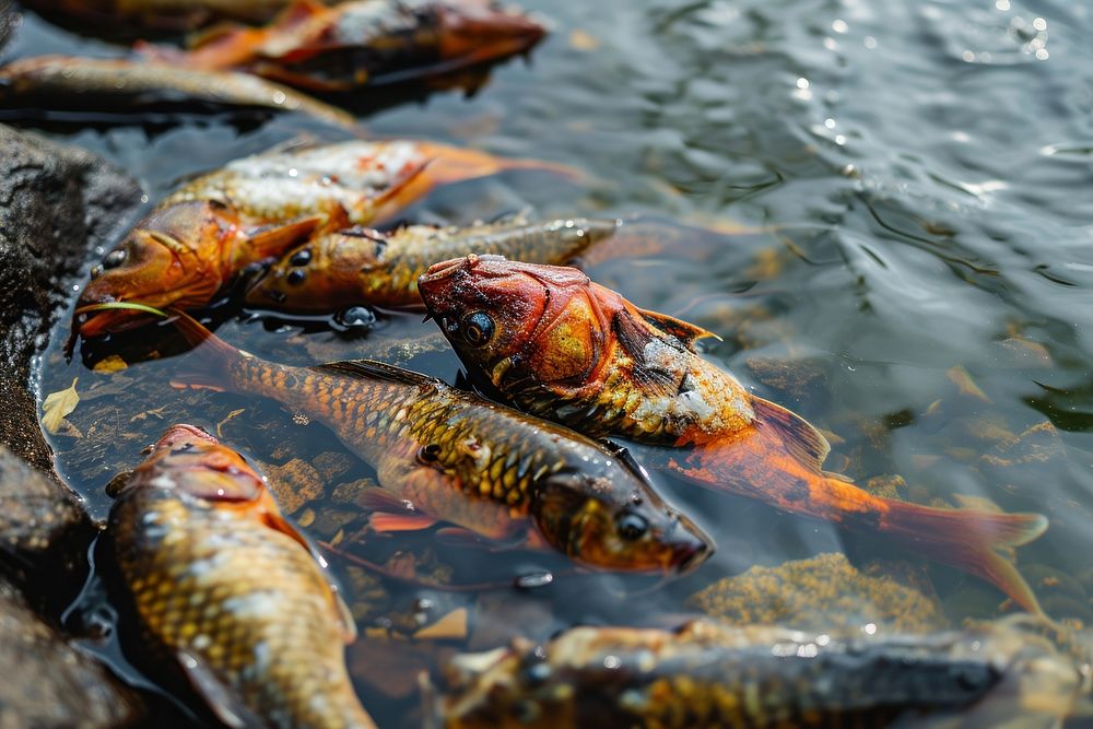 Dying fishes on water surface outdoors seafood animal. AI generated Image by rawpixel.