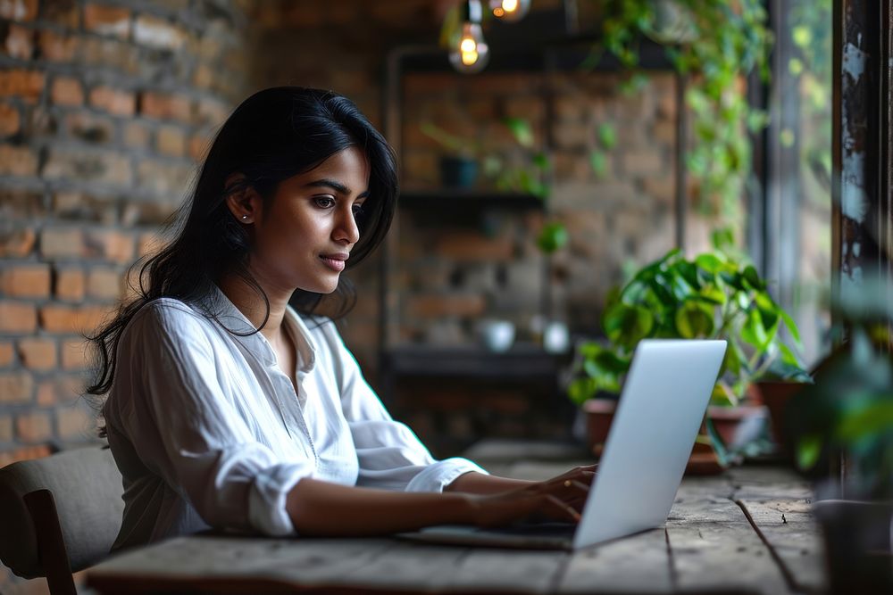 Indian businesswoman using laptop computer concentration contemplation. AI generated Image by rawpixel.