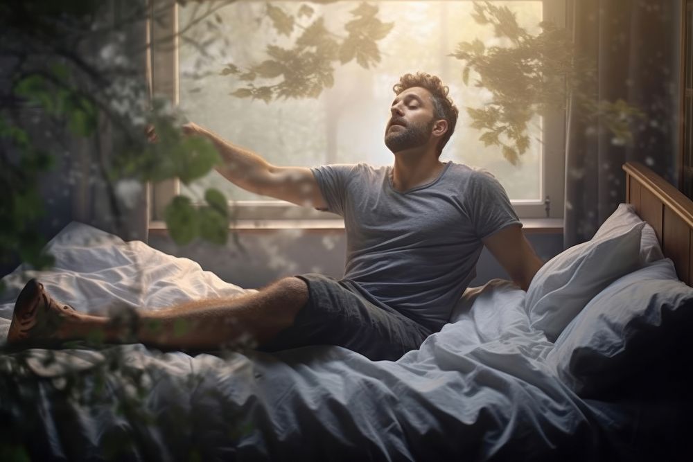 Man stretching in bed adult contemplation comfortable.