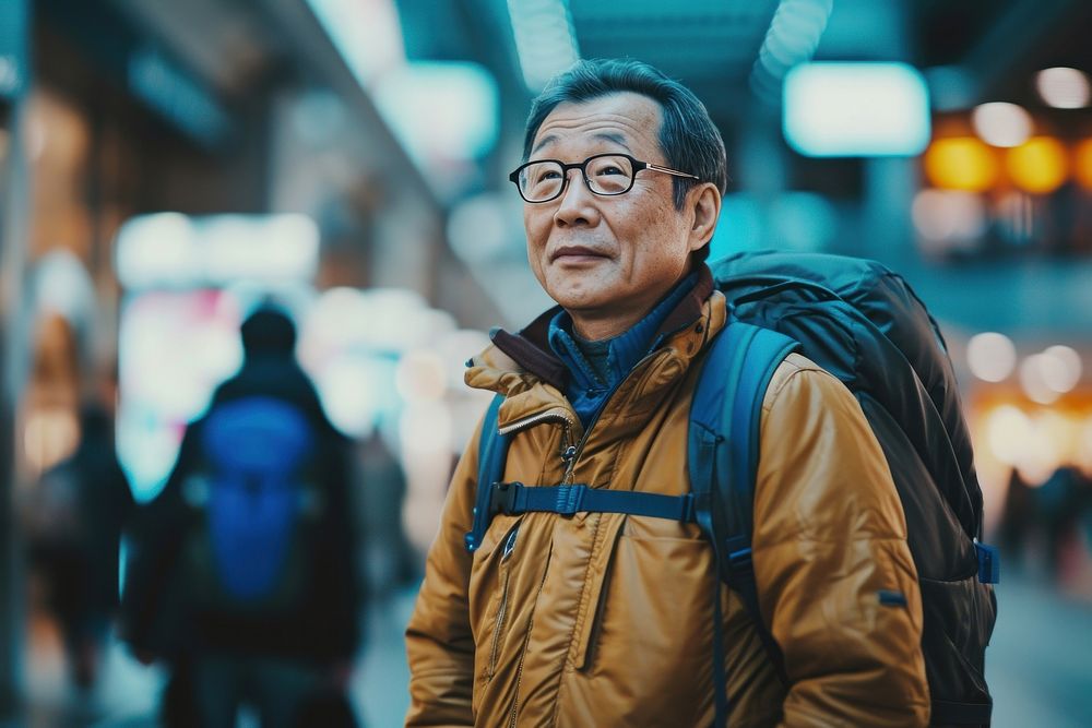 Asian man traveling glasses jacket adult.