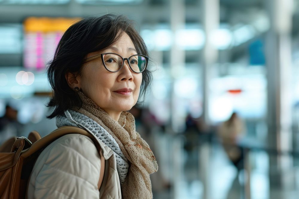 Asian woman at the airport with her luggage glasses adult scarf.