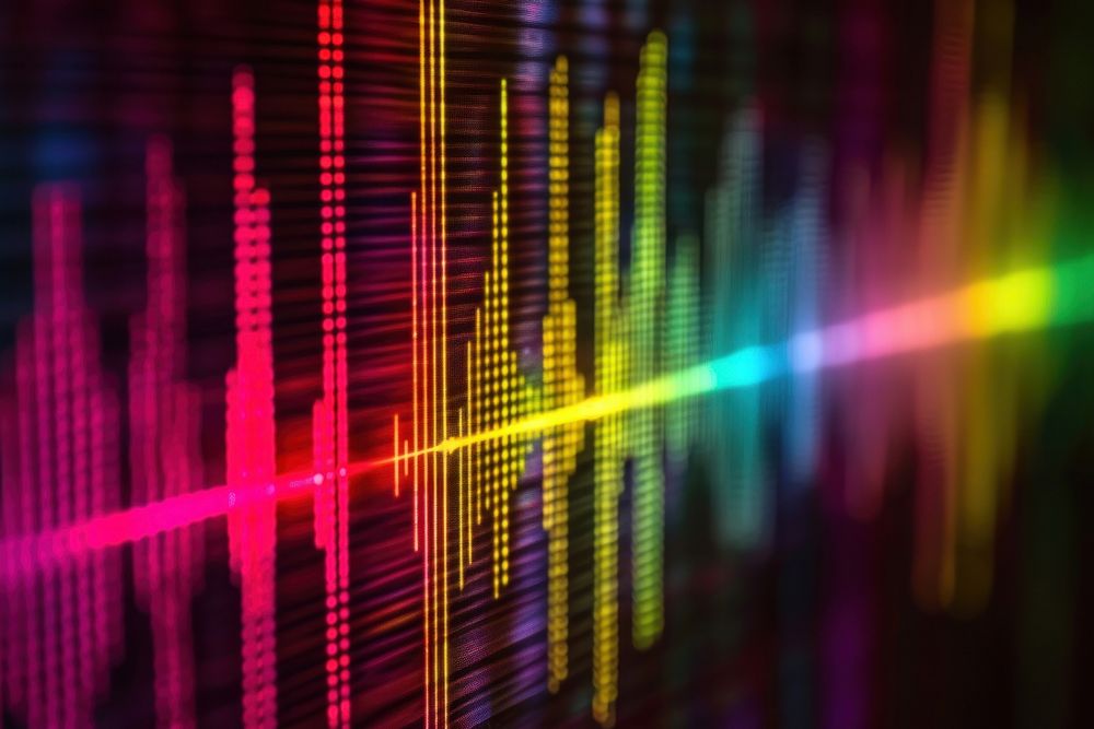 Multi colored sound wave light illuminated backgrounds.
