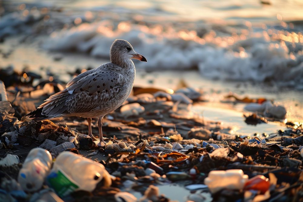Sea bird standing on trash on the sea pollution outdoors seagull. AI generated Image by rawpixel.