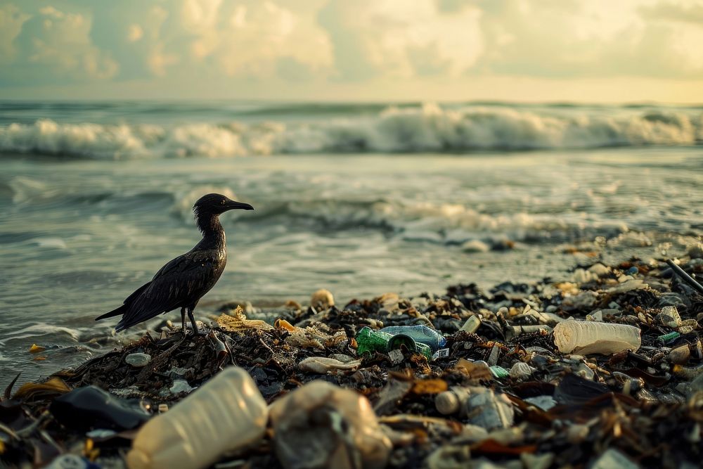 Sea bird standing on trash on the sea pollution outdoors garbage. AI generated Image by rawpixel.