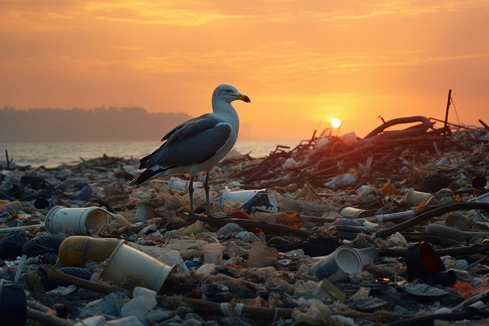 Sea bird standing on trash on the sea pollution outdoors seagull. AI generated Image by rawpixel.