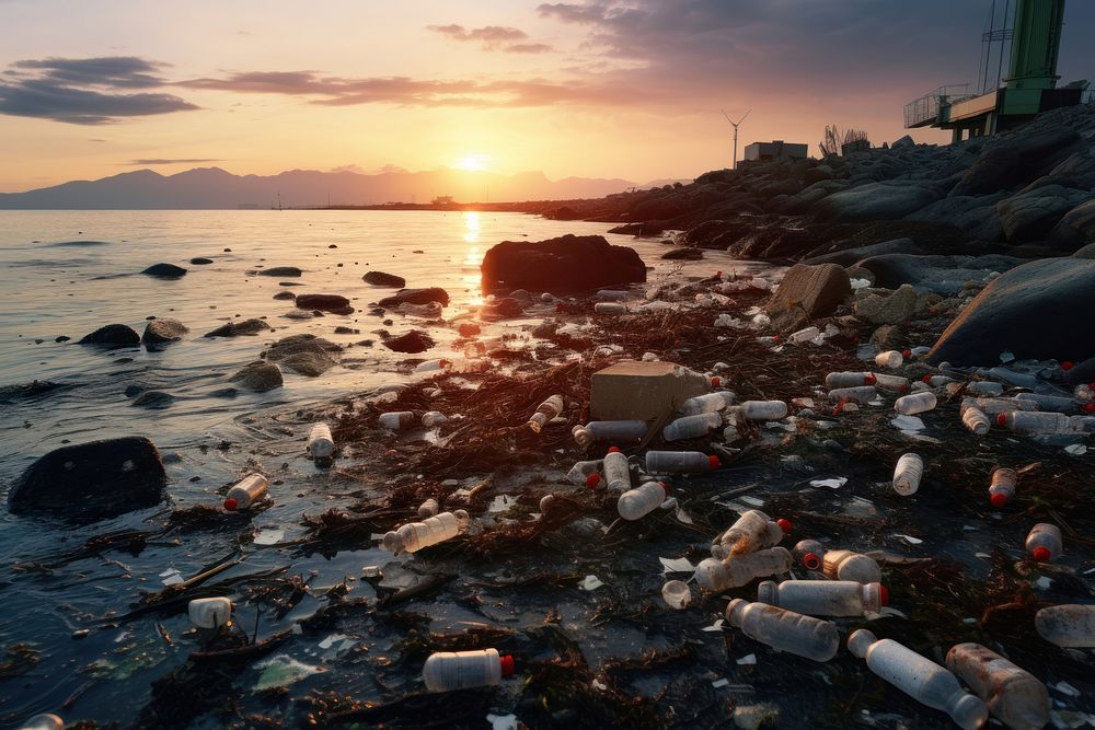 Polluted coastline with trash pollution outdoors garbage. AI generated Image by rawpixel.