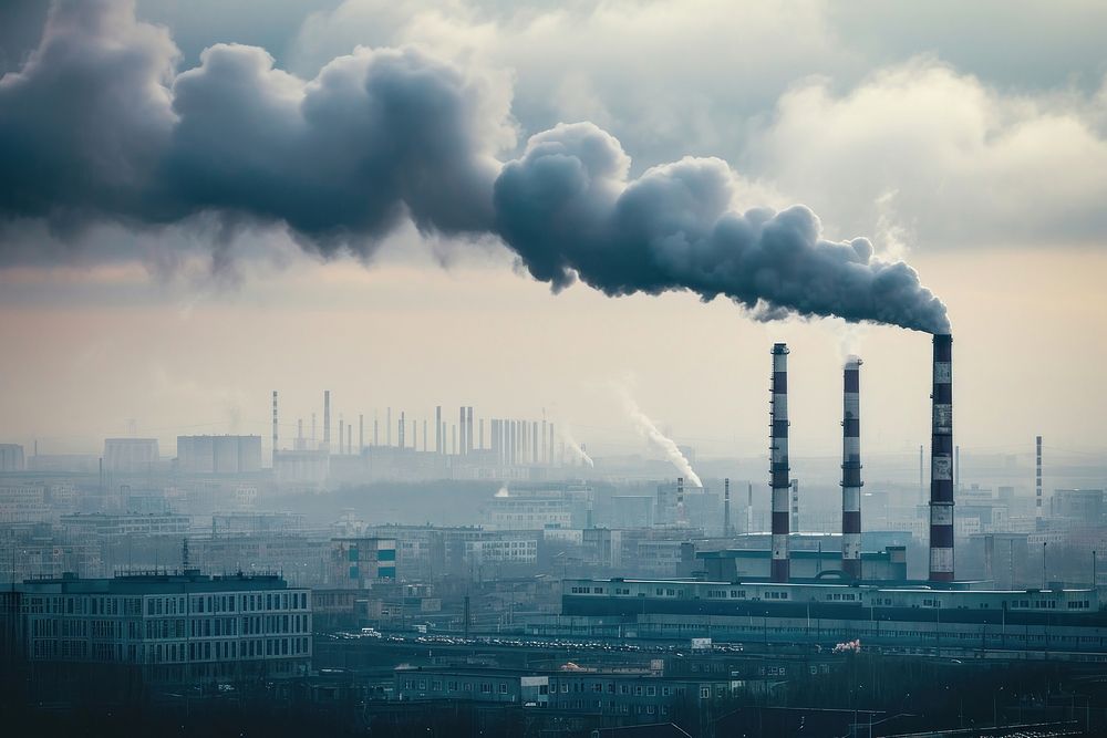 Polluted factory chimney architecture pollution cityscape. AI generated Image by rawpixel.
