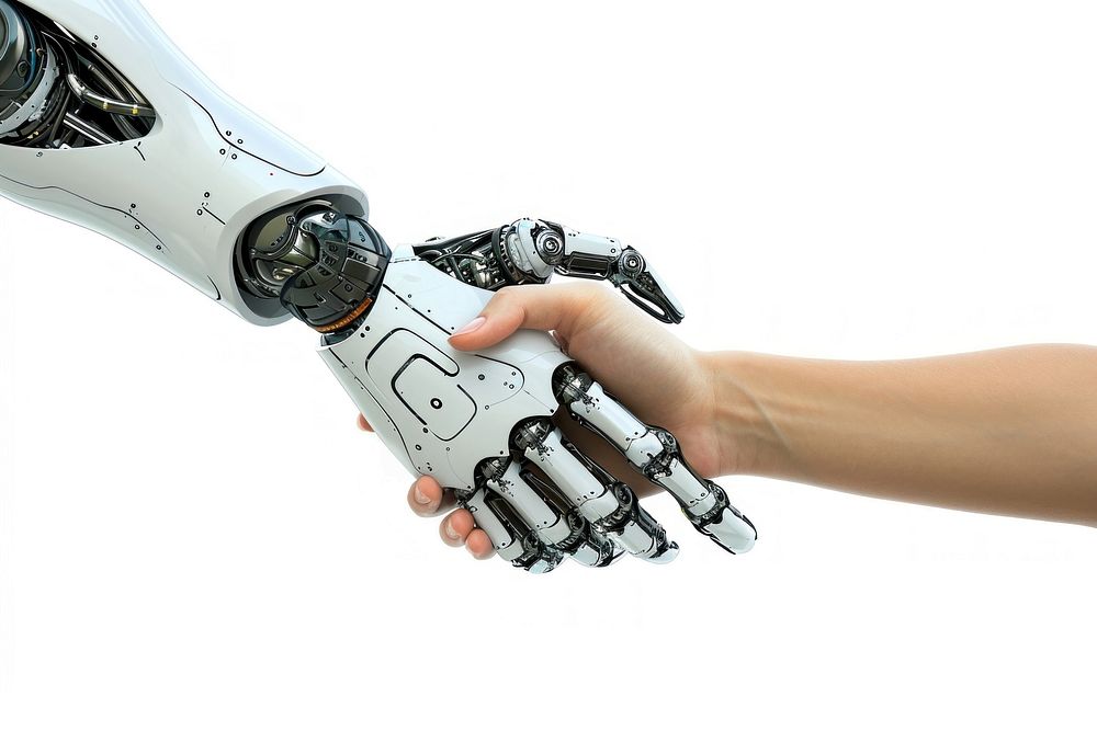 Robot hand shaking with human hand white background transportation electronics.