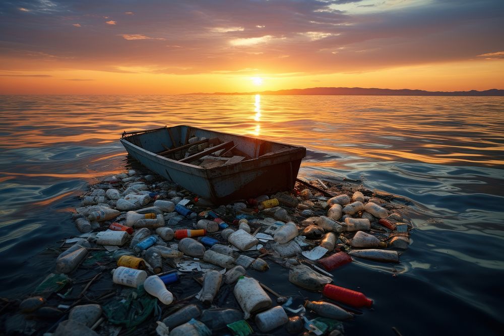 Trash floating on the sea pollution watercraft outdoors. AI generated Image by rawpixel.