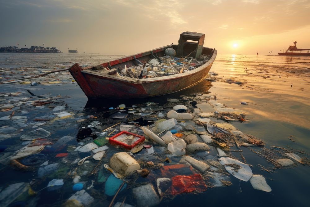 Trash floating on the sea pollution watercraft outdoors. AI generated Image by rawpixel.