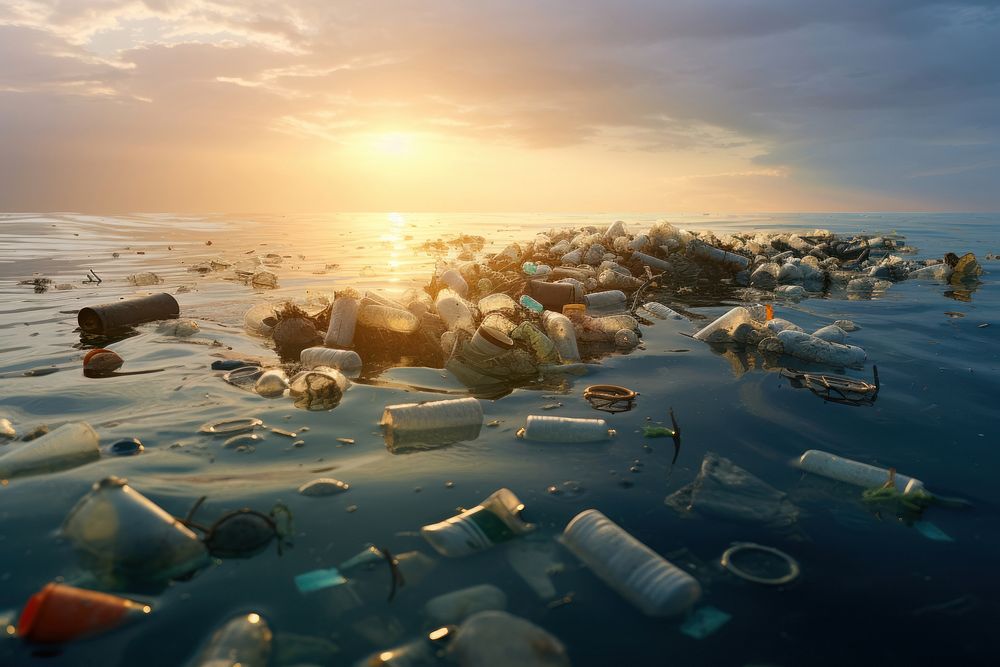 Trash floating on the sea pollution outdoors horizon. AI generated Image by rawpixel.