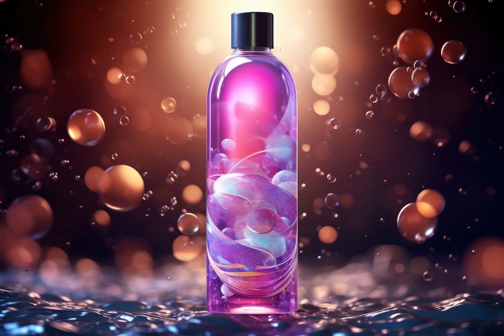 Mock up bottle of shampoo cosmetics perfume bubble.