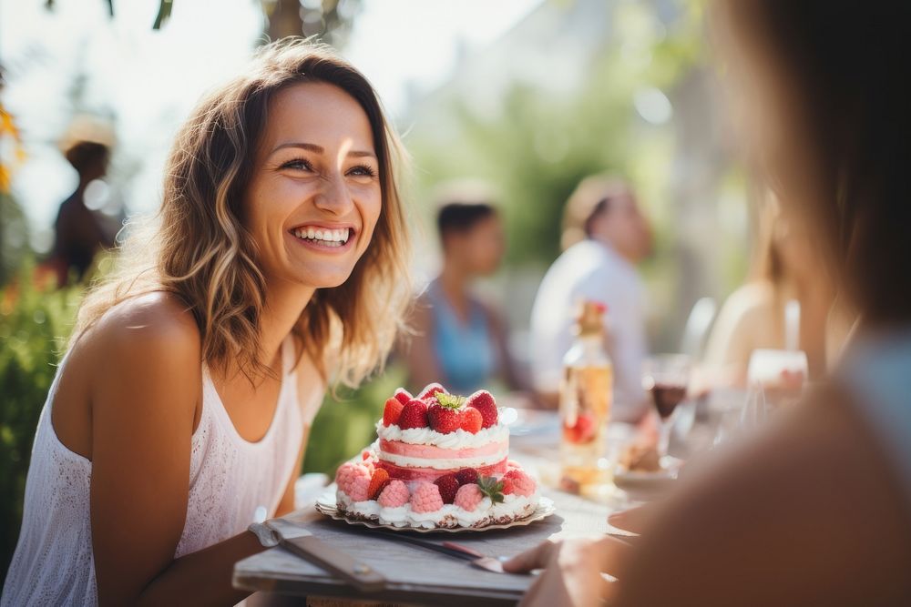Woman eating cake party smile food.
