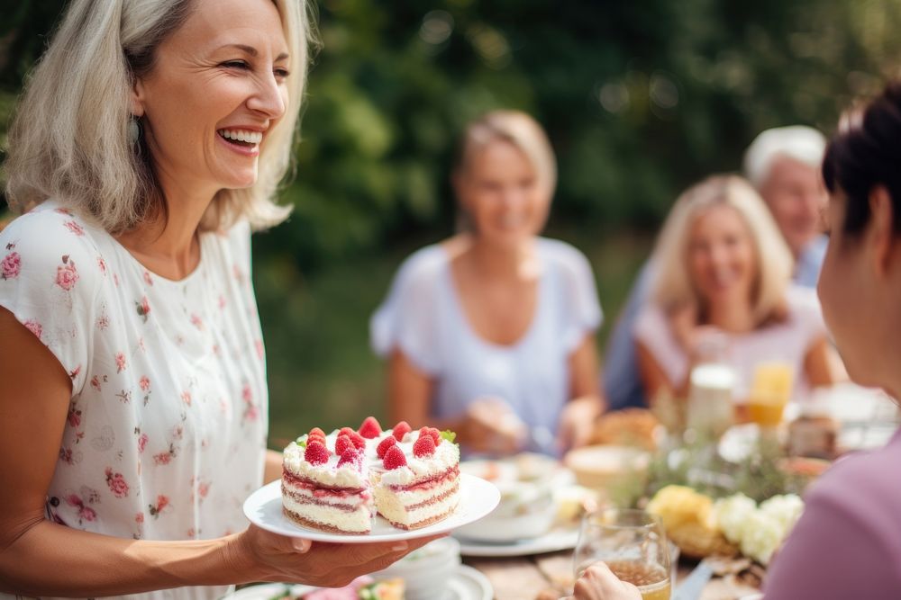 Woman eating cake party laughing dessert.