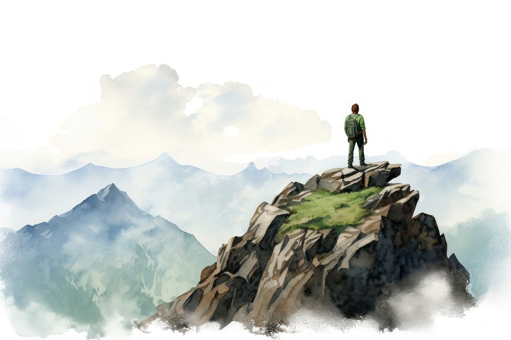 Man on top of mountain looking at view landscape adventure outdoors. AI generated Image by rawpixel.