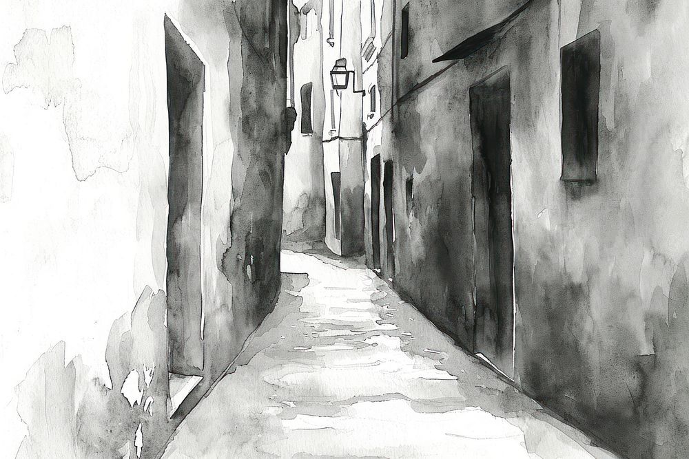 Alleyway city monochrome drawing. | Free Photo Illustration - rawpixel